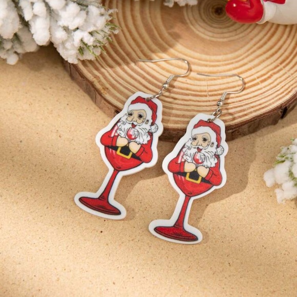 Santa red wine glass silver tone earrings 925 sterling silver hooks - Picture 2 of 2
